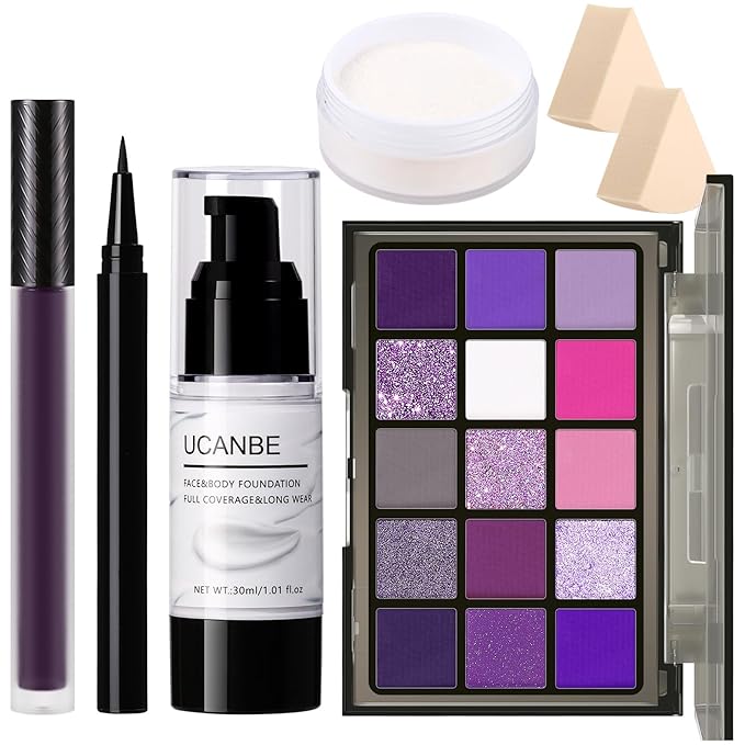 UCANBE Purple Halloween Makeup Kit – Witch Devil Sorceress Ursula Makeup Set for SFX Costume Cosplay - Eyeshadow Palette, White Foundation, Purple Lipstick, Black Eyeliner, Setting Powder & Sponges