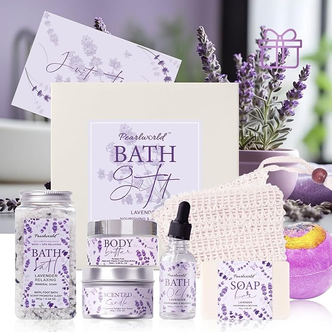 Lavender Spa Gift Set for Women, Luxury 9 Pcs Bath Salts Set, Relaxation Gifts for Women, Self Care Set, Clean Moisturizing Skin, Gifts for Mom, Wife, Sister, Friend