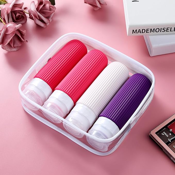 Travel Bottles for Toiletries, Tsa Approved 3oz Portable Travel Bottles, BPA Free Leak Proof Squeezable Silicone Travel Size Containers, Travel Accessories with Clear Toiletry Bag (4 Pack)