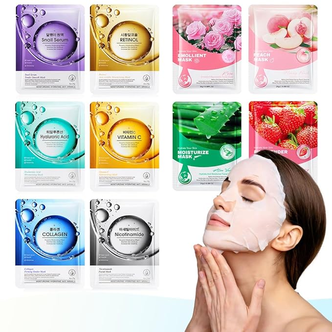 Kaely 10 Pack Variety Sheet Masks, Spa Party Face Masks for Kids Teens Women Men Skincare Set, Girls Night Facial Masks Skin Care, Moisturize Soothe for All Skin Types, Christmas Gifts, Set02