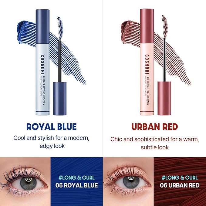 COSNORI Perfect Setting Waterproof Mascara Long&Curl 05 Royal Blue – Long Lasting Smudge - Deep Blue Mascara - Vibrant Pop of Color - Perfect Accent for Deep Skin Tones - 0.23fl oz (7ml)