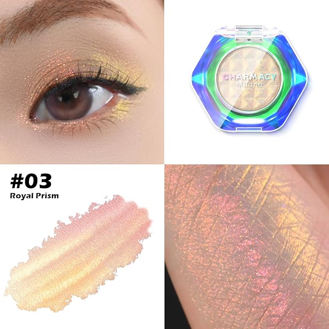 CHARMACY Multichrome Glitter Eyeshadow, Intense Pigmentation Chameleon Sparkling Eyeshadow, Bright Highlighter Duochrome Eye Make Up, Multi-Reflective Finishes Glitter Metallic Eye Makeup #03