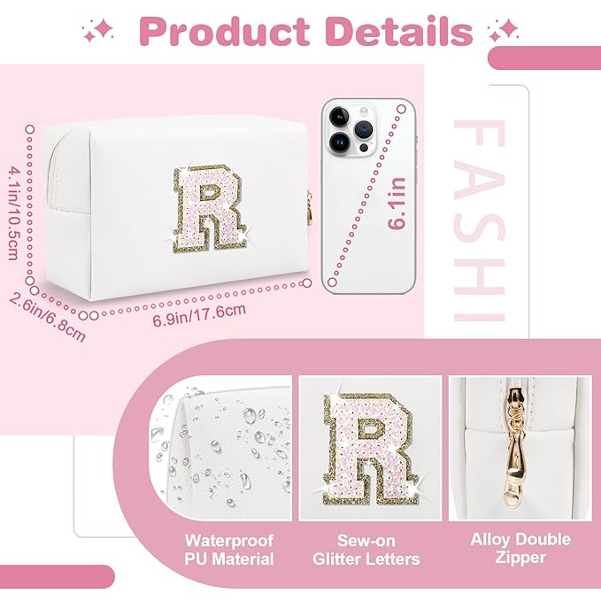 Small Initial Patch Makeup Bag Personalized Gifts Make Up Bag,White Cute PU Leather Glitter Letter Cosmetic Bag with Zipper,Trendy Portable Travel Toiletry Pouch,Preppy Stuff for Teen Girls Women R