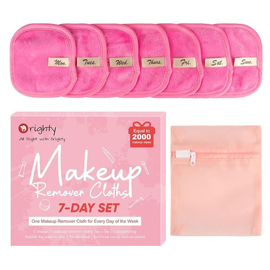Orighty Makeup Remover Cloths 7-Day Set, Premium & Reusable Makeup Remover Pads, Erase Make-up With Just Water, Make-up Set For Eyes, Lips, Foundation and more, Ideal Choice For Women (Pink)