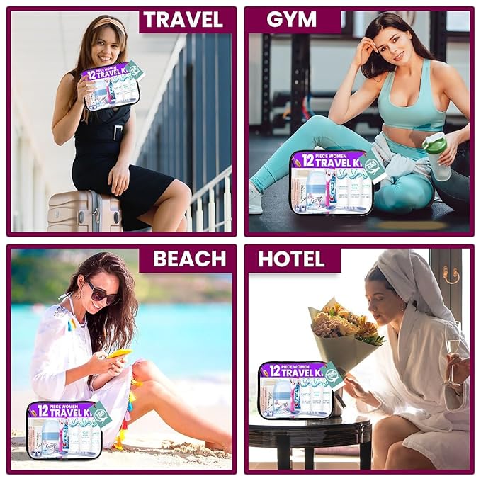 Trektote Travel Toiletry Kit For Women – 12 Piece Set Of Travel Size Toiletries, TSA Compliant, Travel Essentials, Includes Shampoo And Conditioner, Body Wash, Toiletry Bag & More