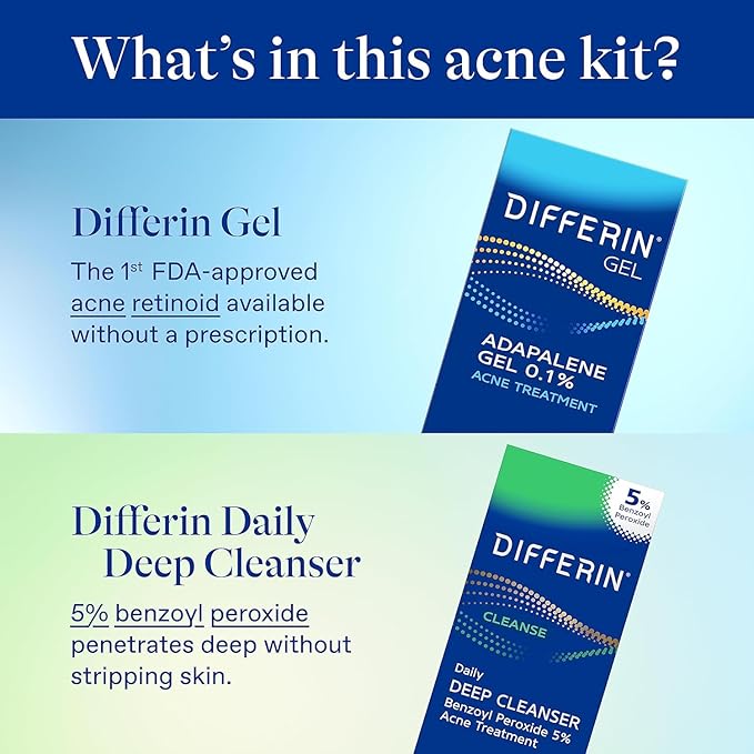 Differin Acne Skin Care Kit, Differin Gel Retinoid Acne Treatment for Face with 0.1% Adapalene & 5% Benzoyl Peroxide Face Wash & Body Wash, Designed for Pimple and Acne Prone Skin