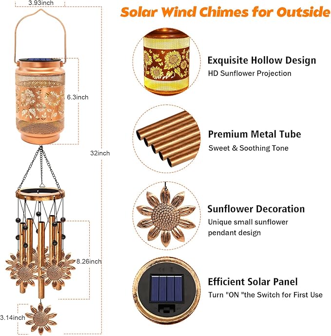Sunflower Solar Wind Chimes for Outside, Gifts for Christmas Mom Women Grandma Birthday Memorial Teacher, 32" Windchimes Outdoor Decor Hanging Solar Lantern for Garden Porch Patio Backyard