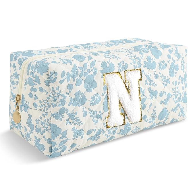 Personalized Quilted Cosmetic Bag, Puffy Monogrammed Christmas Birthday Gifts for Women & Girls, Cute initial Floral Makeup Bag Puffer Coquette Bag, Aesthetic Travel Toiletry Zipper Pouch(Blue,N)
