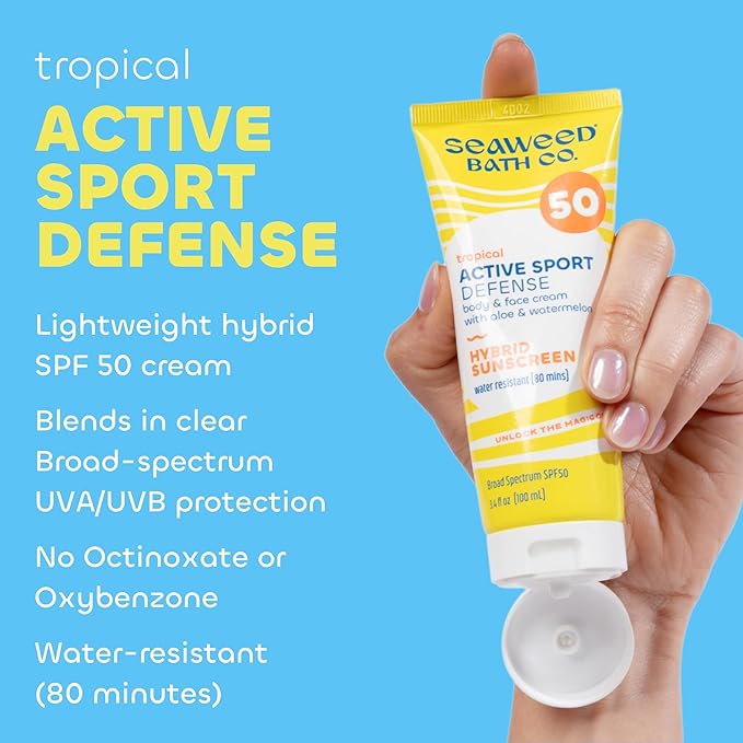 Seaweed Bath Co. Active Defense SPF 50 Sport Broad Spectrum Hybrid Sunscreen Cream, 3.4 Ounce (Pack of 2), Sustainably Harvested Seaweed, Aloe, Watermelon