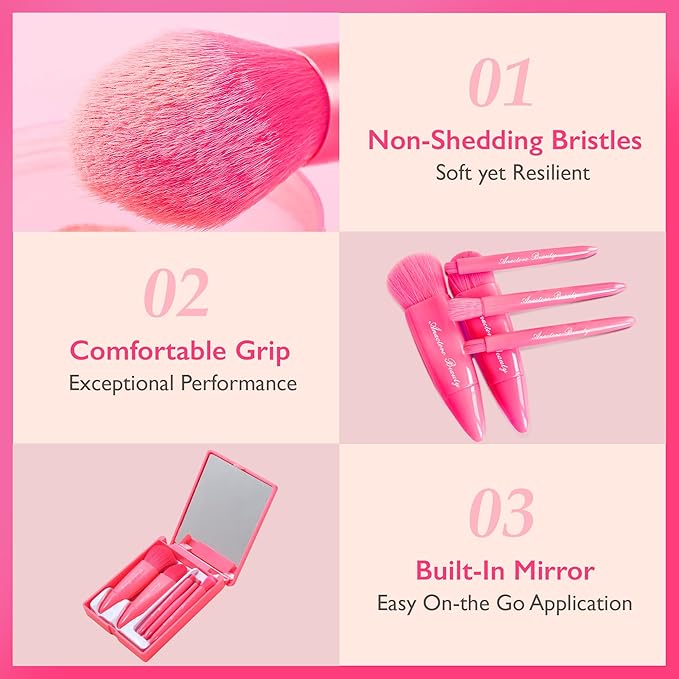 Travel Makeup Brushes Set, Easy Taken 5pcs Mini Makeup Brushes Kit with mirror, ON-THE-GO, Makeup Set for Beauty Blender, Get Glam On-the-Go! strawberry