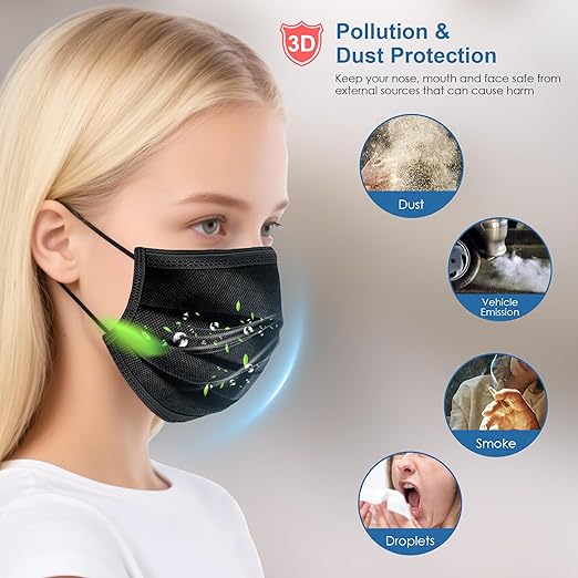 NNPCBT Black Disposable Face Masks 125 Pack,3-Ply Breathable Mask For Adults,Great For Outdoors,Home, Office, School