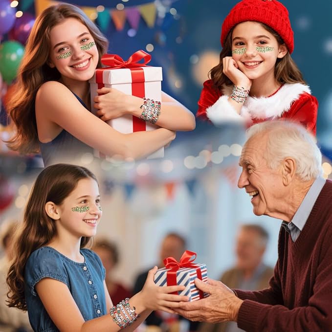 Go Ho Christmas Body Hair Face Glitter Gel and 6PCS Bracelets Kit,Christmas Glitters Face Paint,Colorful Sequins Chunky Reflective Face Glitter Christmas Bracelets Makeup Set,