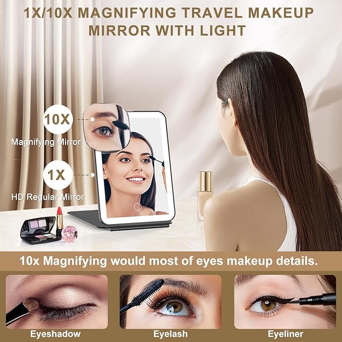 Mocado LED Foldable Travel Makeup Mirror - 5x7 inches 3 Colors Light Modes USB Rechargeable Touch Screen, Portable Tabletop Cosmetic Mirror for Travel, Cosmetic, Office (Black)