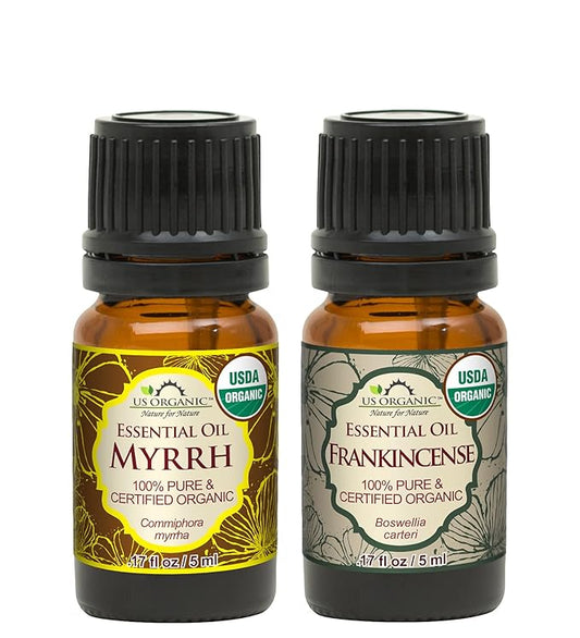 US Organic 100% Pure Myrrh, Frankincense Essential Oil Combo Pack - Directly sourced from The Horn of Africa - USDA Certified Organic - Use Topically or in Diffuser (5 ml Combo)
