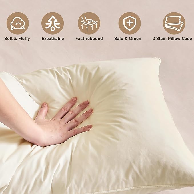 BHZ Satin Goose Down Feather Pillows Standard Size Set of 2 with Beige Satin Pillowcase for Hair and Skin, Cooling Pillow Cases Similar to Silk Pillow Cases, Christmas Decor Gifts for Women, Mom Men