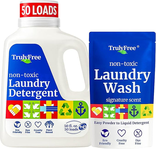 Truly Free Natural Laundry Detergent for Sensitive Skin | Eco Friendly, Plant Based, Baby Clothes Safe | Clean & Easy Powder to Liquid, 1 Pack Detergent + 1 Refillable Jug | Signature Scent, 50 Loads