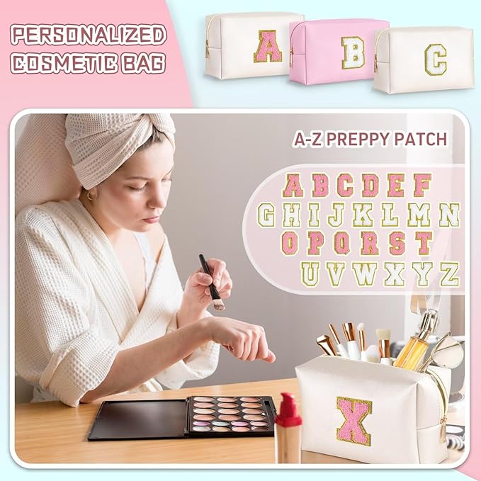 TOPEAST Preppy Stuff for Girls, Initial Makeup Bag Chenille Letter Pouch Cosmetic Bag with Zipper, PU Leather Waterproof Toiletry Bag, Cute Stuff Birthday Gift for Friends Sister (Pearly White T)