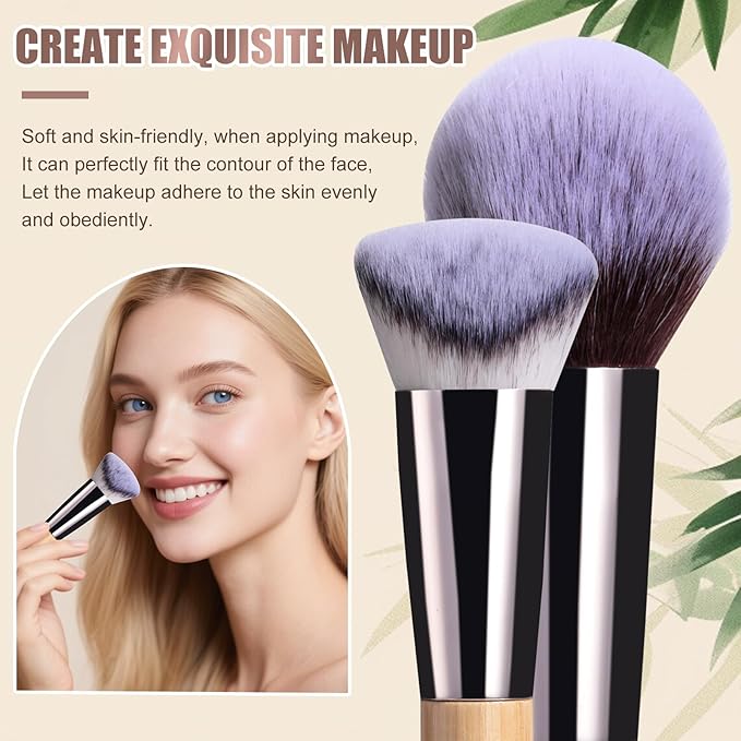 BS-MALL Travel Makeup Brushes Kabuki Premium Synthetic Foundation Powder Concealers Eye Shadows 7 PCS with Triangle Puff & Storage Bag (Bamboo)