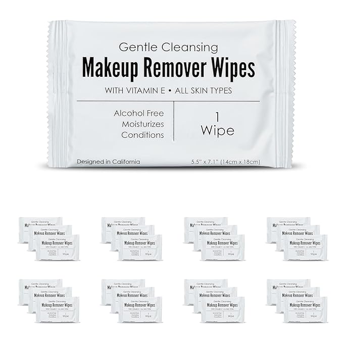 Bulk Makeup Remover Wipes | 500 Count| Individually Wrapped, Gentle Cleansing, Alcohol Free - All Skin Types - Vitamin E - 100% Recyclable, Hotel Travel Size Toiletries