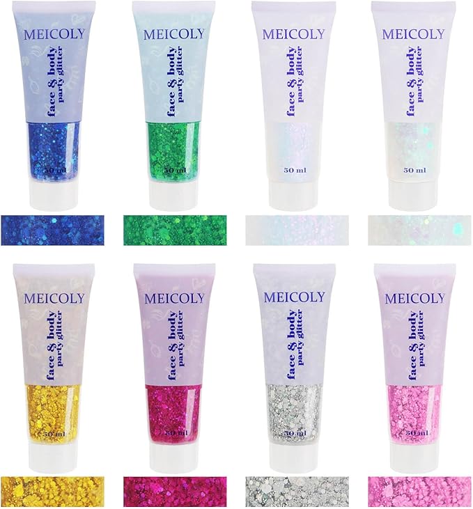 MEICOLY 2pcs Clear White Face Body Glitter,Mermaid Face Glitter Gel,Singer Concerts Festival Rave Accessories,Chunky Sequins Glitter Face Paint for Women and Kids,Sparkling Glitter Makeup