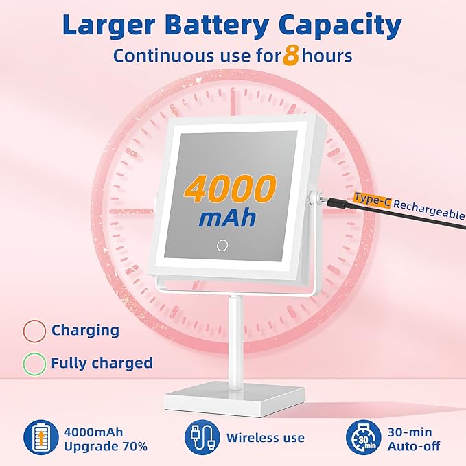 Ruacq Rechargeable Makeup Mirror, 4000mAh Lighted Makeup Mirror with Magnification 1X/10X, Height Adjustable Vanity Mirror with Lights, 3 Color Lights, Adjustable Brightness, 360°Rotation (White)