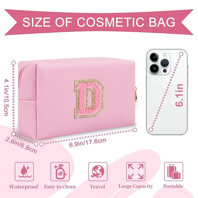 Personalized Initial A-Z Preppy Patch Makeup Bag,Small PU Leather Chenille Letter Cosmetic Bag with Zipper for Teen Girls,Pink Cute Travel Toiletry Bag,Birthday Monogrammed Gift for Daughter,Letter D