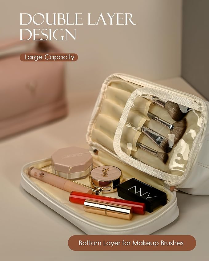 Gifts for Women 40s, Personalized Makeup Bag with Handle, Initial Double Layer Cosmetic Bag with Makeup Brush Organizer, Cute Cosmetic Pouch for Women, Gifts for Friends Female Mom