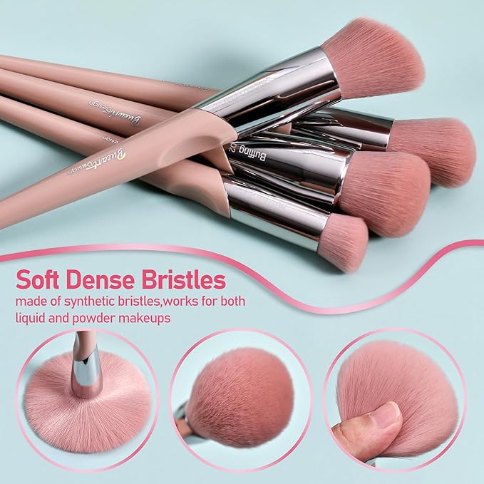 Bueart design 16Pcs ULTRA SOFT Labeled Best Makeup Brushes set with Travel Holder case face Contour Foundation brushes (16Pcs Elegant+Pink Holder)