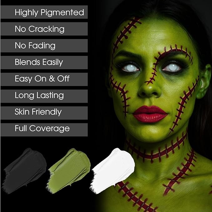 BADCOLOR 3PCS Black White Orge Green Face Body Paint Stick Makeup for Frankenstein/Witch/Grinch/Hulk/Alien/Demon/Evil Clown SFX Cosplay & Dress Up, Full-Coverage Halloween Facepaint Makeup Kit
