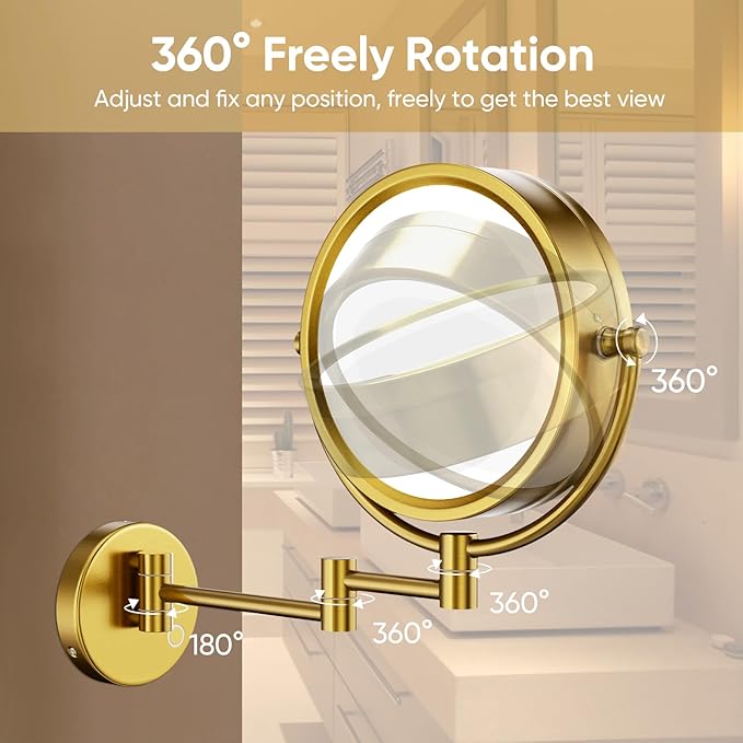 GURUN 8.5" Plug-in Magnifying Makeup Mirror with 3 Tones Dimmable LED Lights Double Sided Touch Control Wall Mounted Vanity Mirror for Bathroom with 10X Magnification M1809DGJ-T (Brushed Gold)