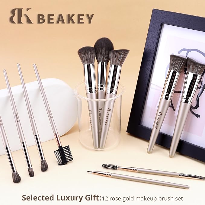 BEAKEY 12pcs Vegan Makeup Brush Set Soft high-density Taklon fibers,durable birch handles,zero shedding,easy to clean,perfect for creating any look
