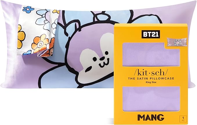 Kitsch x BT21 (Mang) Satin Pillowcase with Zipper for Hair & Skin - Softer Than Silk Pillow Cases, Smooth Cooling Pillow Cover, Wrinkle-Free, Machine Washable, King Size (19x36)