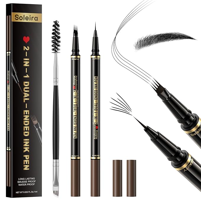 Eyebrow Pen, Soleira Waterproof Eyebrow Pencil with 4 Tip Microblading Eyebrow Pen and Dual-ended Eyebrow Brush, for Natural-Looking Brows, Long-Lasting, Black