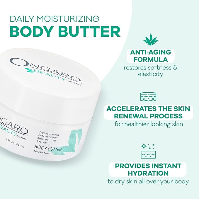 Ongaro Beauty - Whipped Body Butter Cream, Organic Shea Butter Whipped Body Butter for Women, Whipped Shea Body Butter with Aloe Vera, Hyaluronic Acid, Vitamin C & E, Body Care for Women - 8 Fl Oz