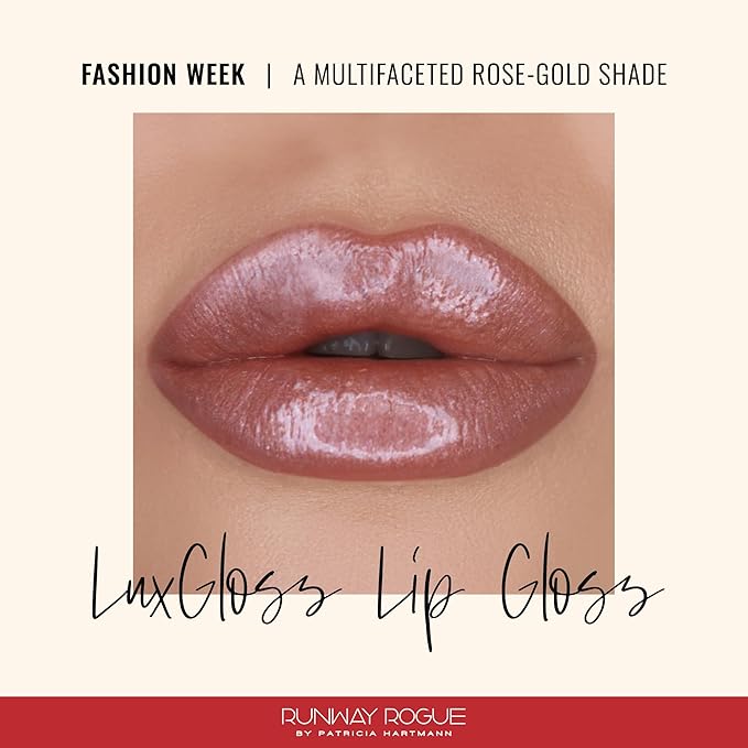 Runway Rogue LuxGloss Lip Gloss, High-Pigment Shimmery Rose-Gold Lip Gloss, ‘Fashion Week’