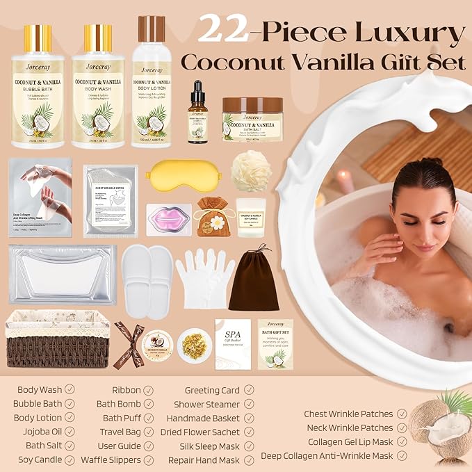 Bath and Body Gift Basket Set for Women - Coconut Vanilla Spa Gift Basket for Women 22pcs Luxury Bath Gift Set with Shower Gel Self Care Pampering Gifts for Mothers Day, Christmas, Birthday Gifts