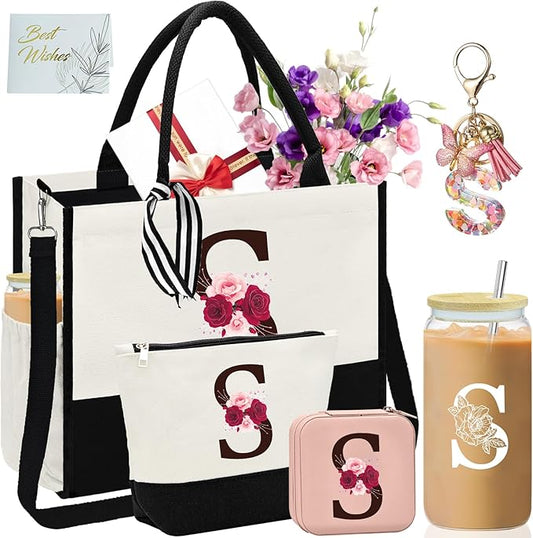 Birthday Gifts for Women,Initial Canvas Tote Bag,Initial Gift for Women,16oz Initial Glass Cup,Initial Makeup Bag with Zipper,Jewelry Organizer Box,Personalized Gifts for Mom-S