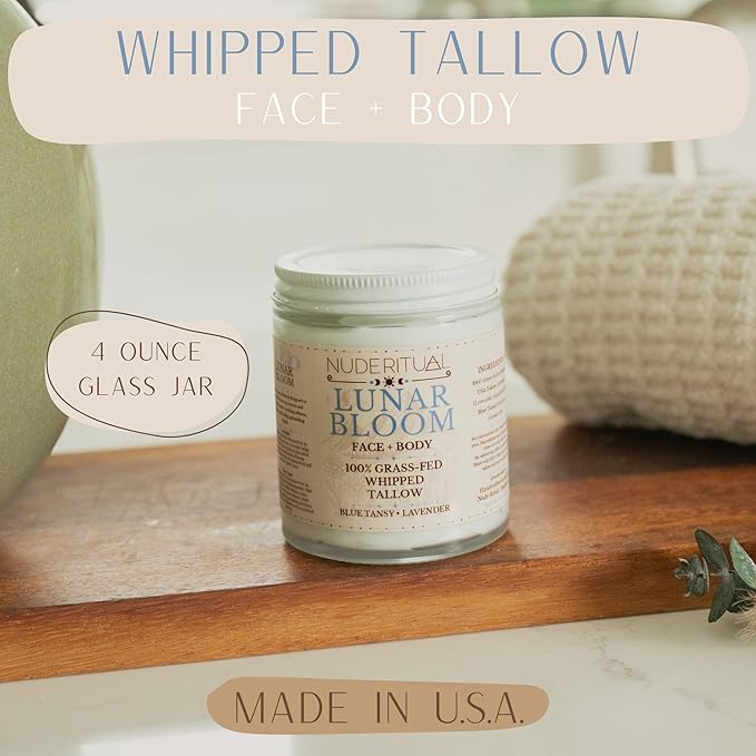 100% Grass-Fed Whipped Tallow Balm for Skin Care – Face + Body – Natural Moisturizer Lotion, 4 oz (Lunar Bloom)