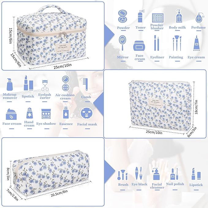 Makeup Bag Set, Quilted Makeup Bag, Large Floral Cosmetic Bag for Women, Cute Cotton Makeup Bags, Flower Travel Toiletry Organizer Bag (Blue Peacock Flower)