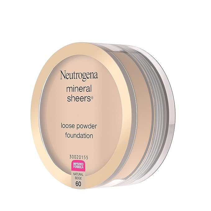 Neutrogena Mineral Sheers Lightweight Loose Powder Makeup Foundation with Vitamins A, C, & E, Sheer to Medium Buildable Coverage, Skin Tone Enhancer, Face Redness Reducer, Natural Beige 60,.19 oz