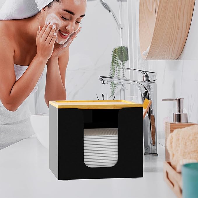 VITVITI Disposable Face Towel Holder Box, Acrylic Facial Towel Container for XL Clean Skin Club, Large Disposable Face Towels Storage with Bamboo Lid, for Bathroom, Vanity Makeup, Black