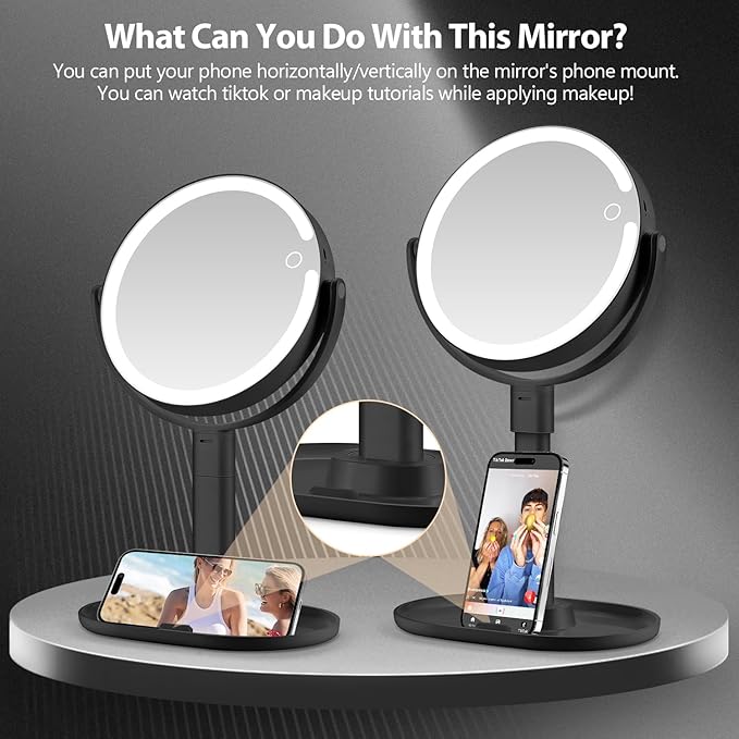 MIYADIVA Makeup Mirror with Lights, 30X Magnifying Mirror with Light and Touch Switch, Vanity Mirror with 3 Color Light and 80 LEDs, Height Adjustable Desk Mirror with Lights, Black