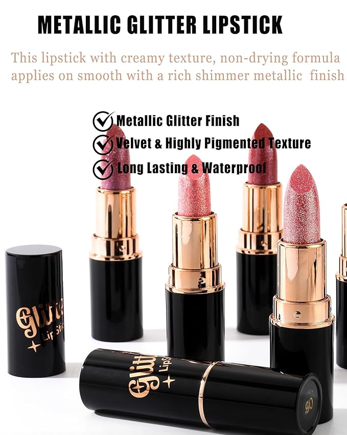 Nude Pink Metallic Glitter Lipstick Long Lasting, Diamond Shimmer Lip Gloss High Pigmented Lip Red Color Matte Lip Stick for Women, Sparkling Shiny Transfer Proof Non Stick Tinted Lip Balm Makeup-01