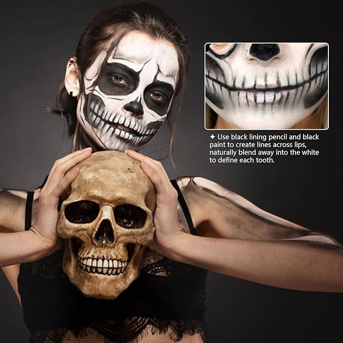 Halloween Skeleton Makeup, Complete Skeleton/Skull Makeup Kit Face Paint SFX Character Set, Professional Skeleton Make Up Kit for Costume Art Cosplay Dress-Up Party for Kids & Adults