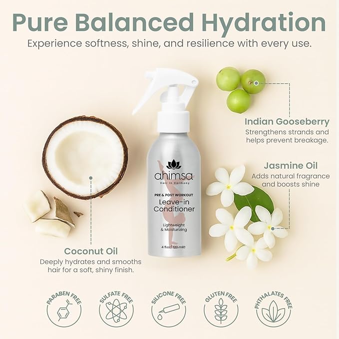 Ahimsa Leave-In Hydrating Conditioner for Dry Hair, Moisturizing Conditioner for Damaged Hair, Wavy, Curly or Color-Treated, Organic Anti-Frizz Moisturizing Conditioners with Coconut Oil Formula