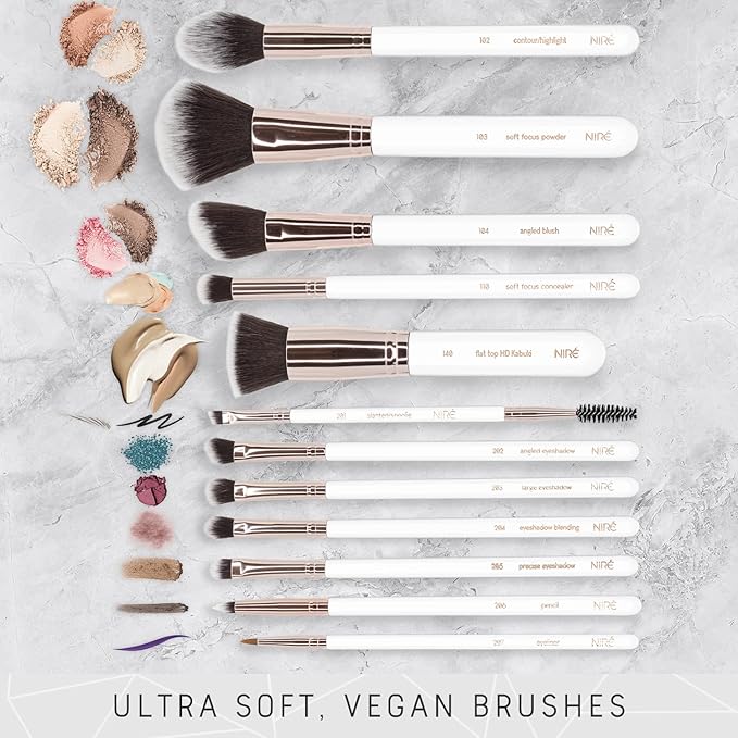Niré Beauty White 15piece Award Winning Professional Makeup Brush Set: Vegan Makeup Brushes with Case, Makeup Sponge, Cleaner, Guide, Gift Box