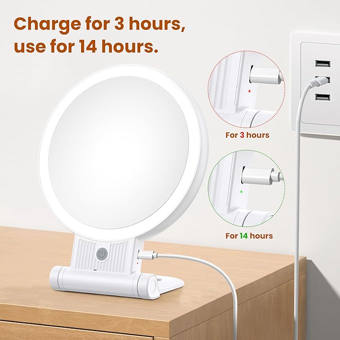 Lighted Makeup Mirror with 1X/30X Magnification, 3 Color Dimmable Lights, 2000mAh Rechargeable Double-Sided/Switch Vanity Mirror, 360° Swivel Tabletop & Hanging Design, Adjustable Brightness