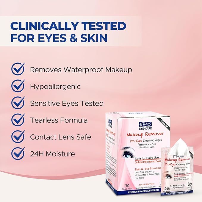 Dr. FIscher Makeup Remover Wipes - Sensitive Skin Formula, Individually Sealed, No Rinse, Eyes and Face Safe (30)