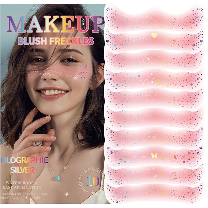 10Pcs Rainbow Face Makeup Patches, Glitter Freckles Face Tattoo for Teenagers & Young Women, Sparkle Freckles Waterproof Face Glitter Freckles for Christmas (10PcsI Blush)