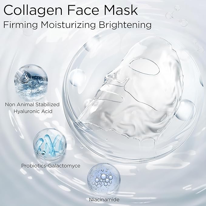 Collagen Face Mask - 80,000ppm Marine Hydrolyzed Collagen & Hyaluronic Acid | Overnight Hydration Gel Sheet for Deep Moisture | Gentle Formula, Safe for Sensitive Skin